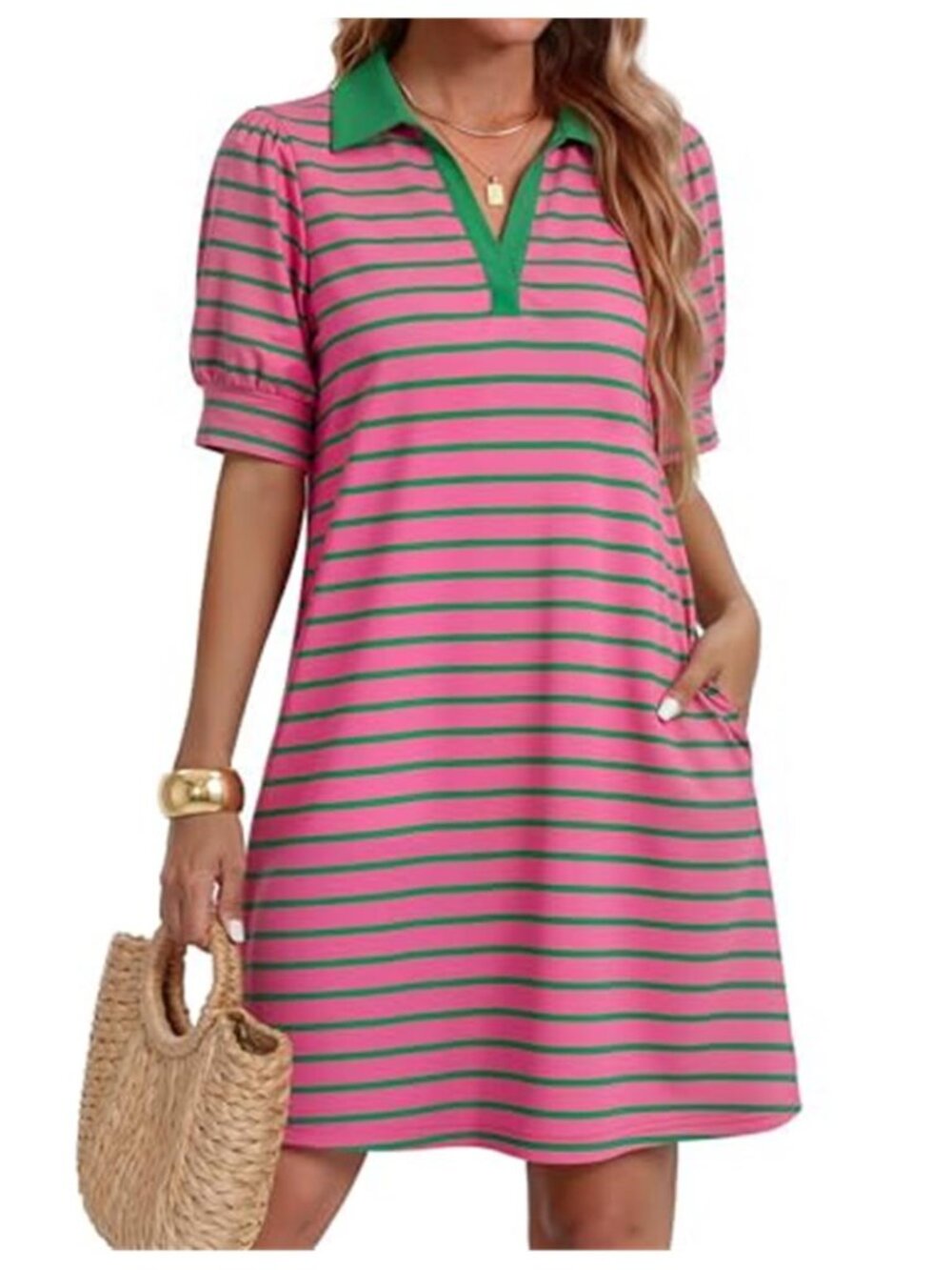 Striped Mini Dress Women Summer V Neck Short Sleeve Flowy Beach Vacation